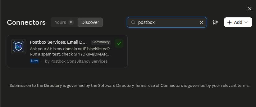 The Connectors Discover tab in Claude, searching for postbox and showing the Postbox Services connector card by Postbox Consultancy Services