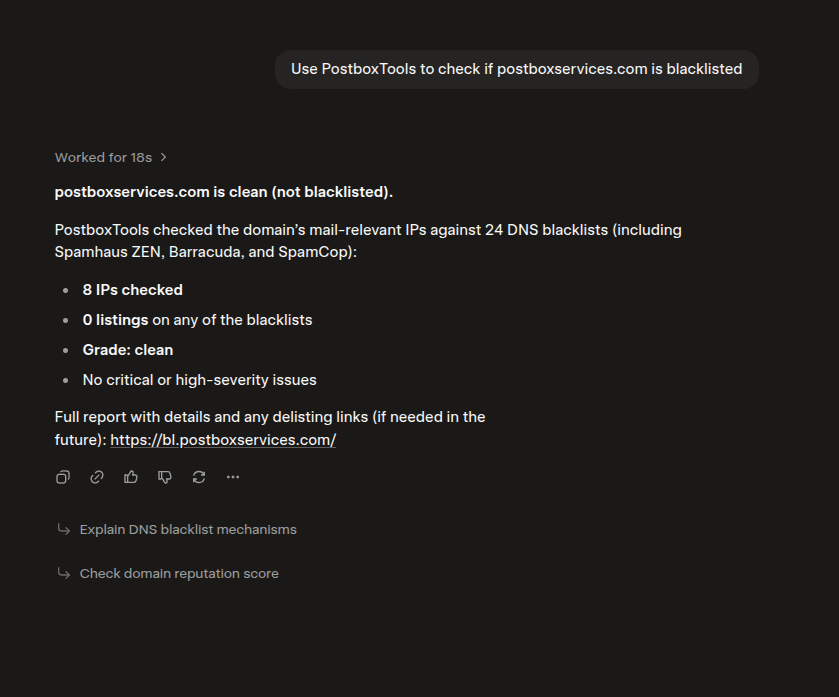 Grok calling the Postbox Tools blacklist checker and reporting a clean result