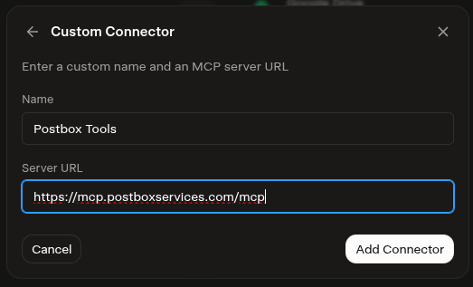 Adding the Postbox Tools custom connector in Grok