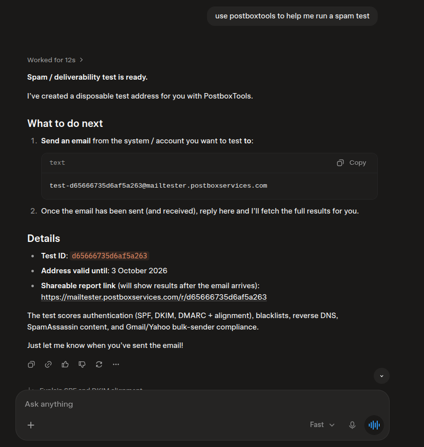 Grok creating a disposable deliverability-test address via Postbox Tools
