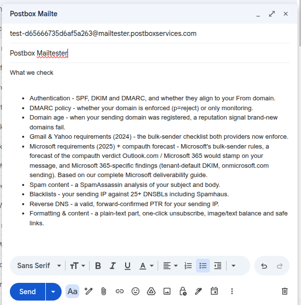 Sending a test email from Gmail to the disposable mailtester address