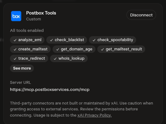 Grok showing Postbox Tools connected with all 8 tools enabled