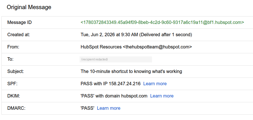 Gmail's Show original summary table showing SPF PASS, DKIM PASS with the signing domain, and DMARC PASS