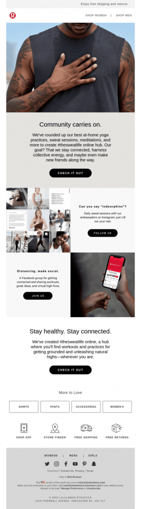 Lululemon Athletica Social Distancing Email Marketing Message