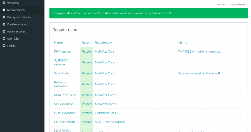 mailwizz php modules check