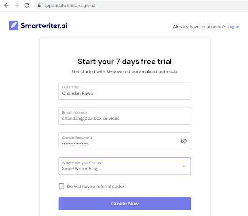 Smartwriter.ai trial signup