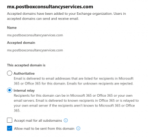 Change domain status from authoritative to Internal relay in Microsoft365