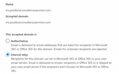 Change domain status from authoritative to Internal relay in Microsoft365