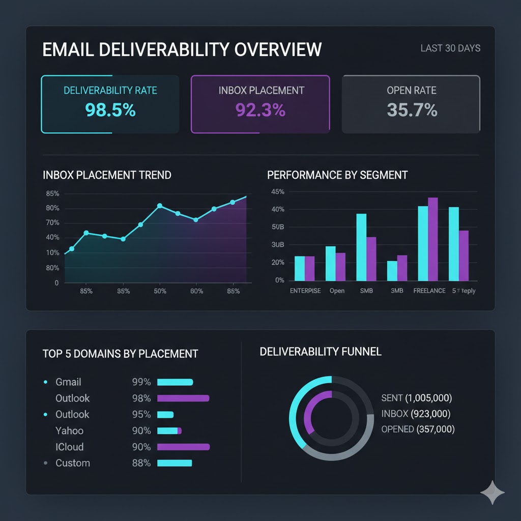 Email deliverability audit dashboard showing inbox placement rates and performance metrics